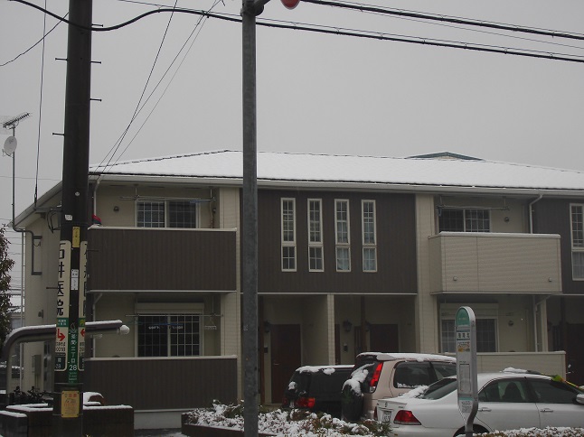 石付き金属屋根。雪止め金具は見えないが雪が屋根全体にきれいに残っている