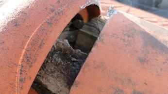 瓦屋根の丸棟部分。複数か所に隙間が開き、内部の木製下地が雨水で変色している状態