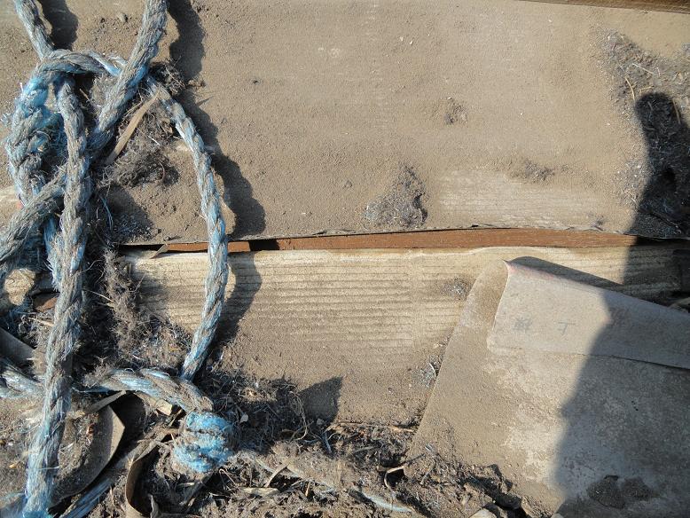 防水紙の破れ部分のアップ。木材が見えており雨漏りが差し迫っている状態