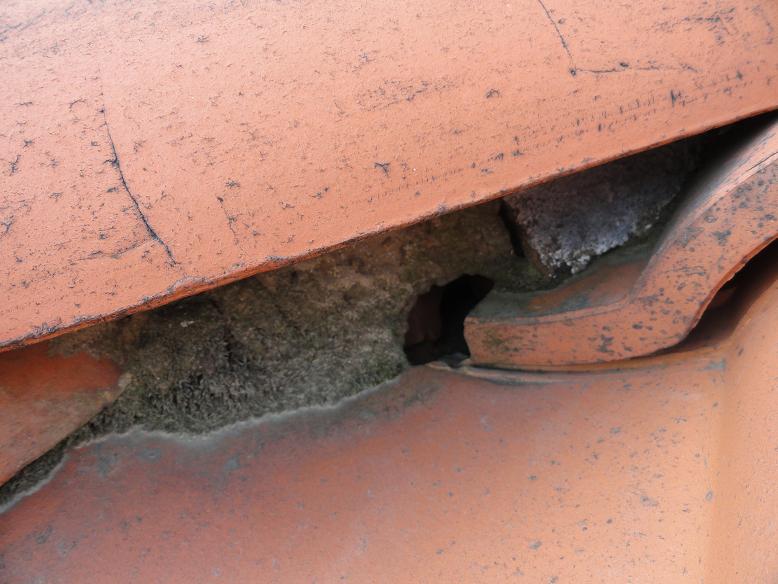しっくいが失われた降り棟のアップ。粘土が雨にさらされ崩れている様子